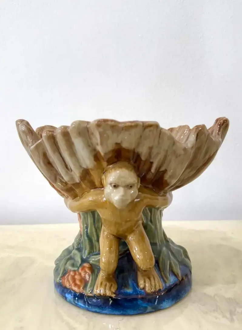 Vintage Boho Majolica Monkey Shell Bowl - Side view