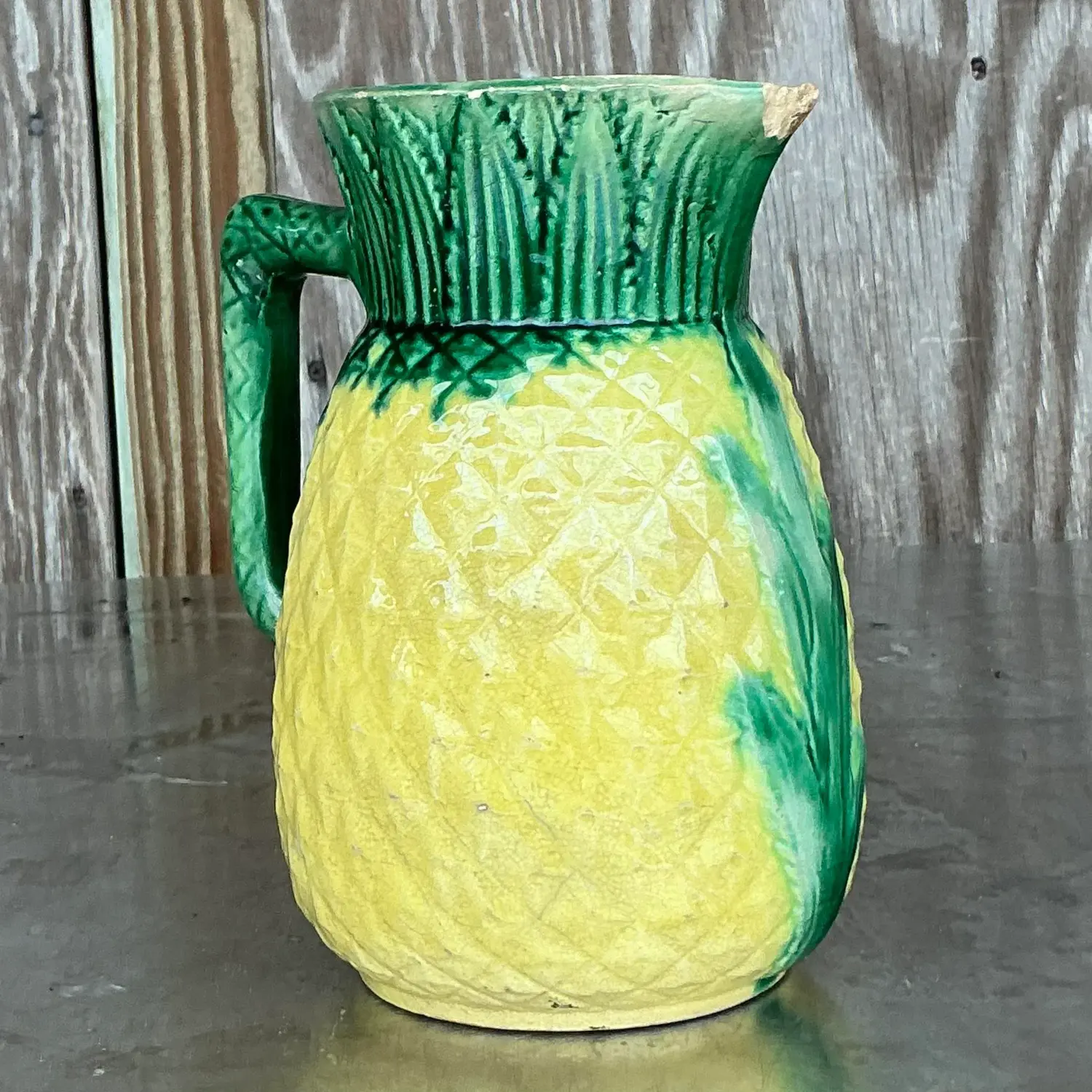 Vintage Boho Majolica Style Raised Relief Pitcher - Side view