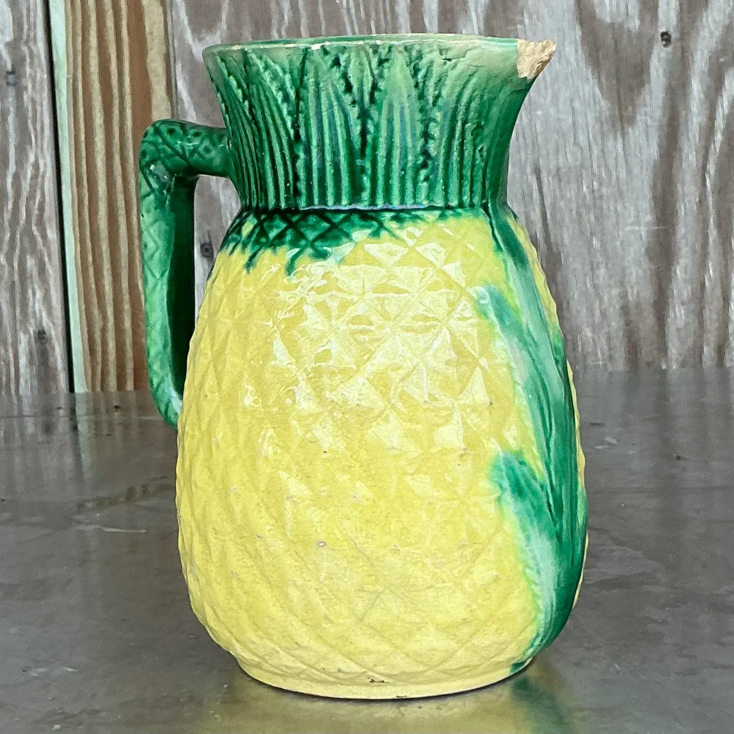 Vintage Boho Majolica Style Raised Relief Pitcher - Top view