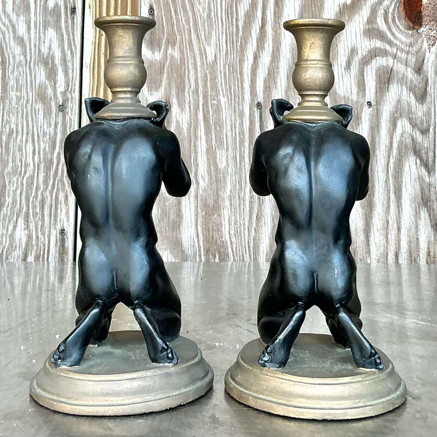 Vintage Boho Male Figure Candlesticks - a Pair - Side view