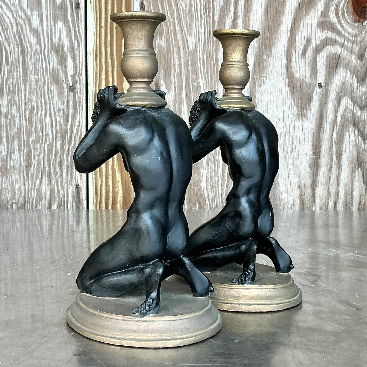 Vintage Boho Male Figure Candlesticks - a Pair - Top view