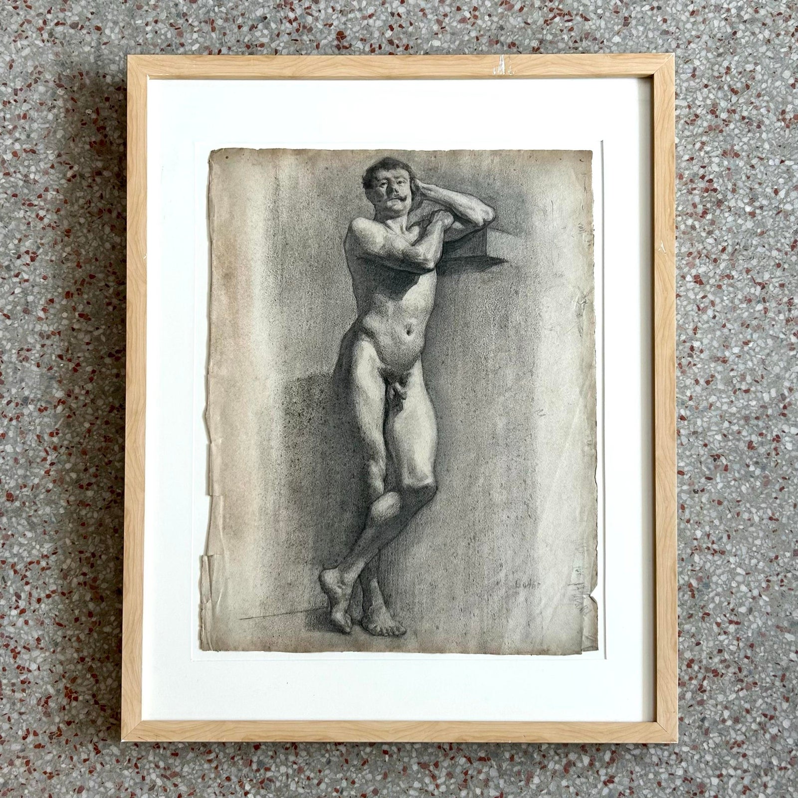 Vintage Boho Male Nude Figure Drawing - Detail view