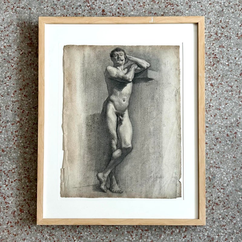 Vintage Boho Male Nude Figure Drawing - Side view