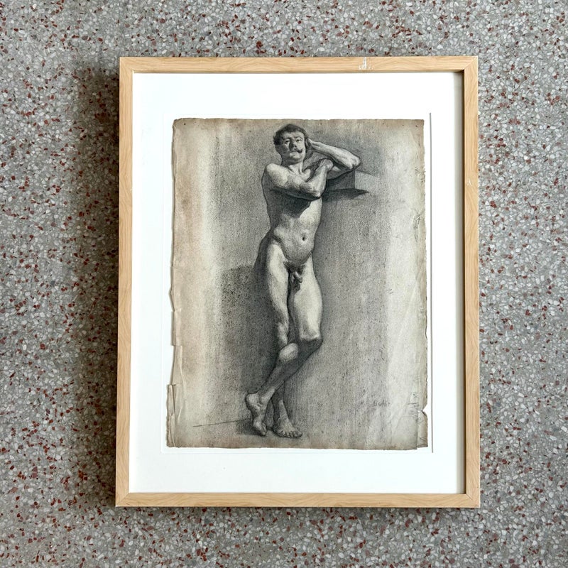 Vintage Boho Male Nude Figure Drawing - Back view