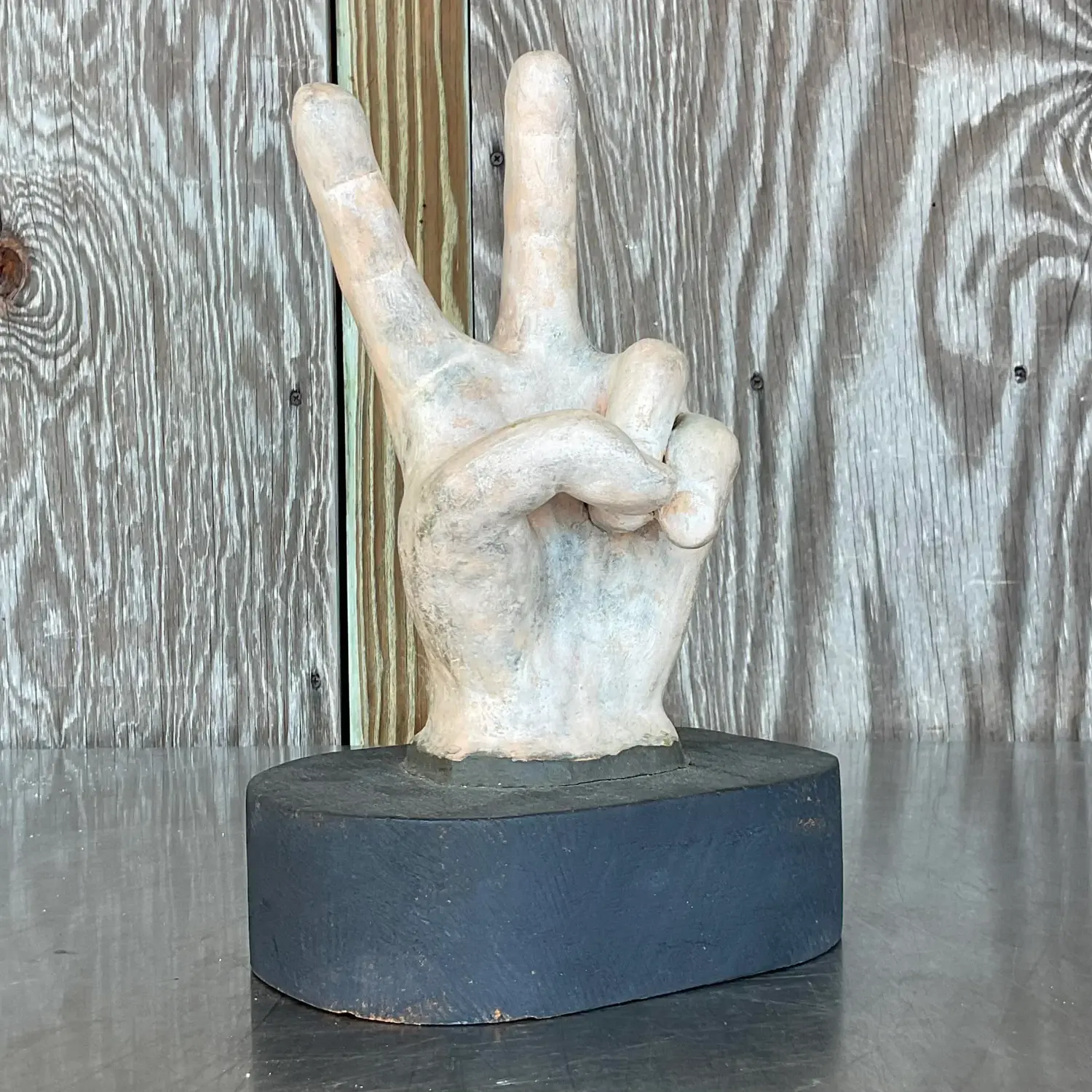 Vintage Boho Matte Ceramic Hand on Wooden Plinth - Detail view