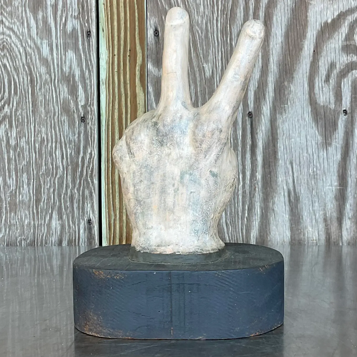 Vintage Boho Matte Ceramic Hand on Wooden Plinth - Back view