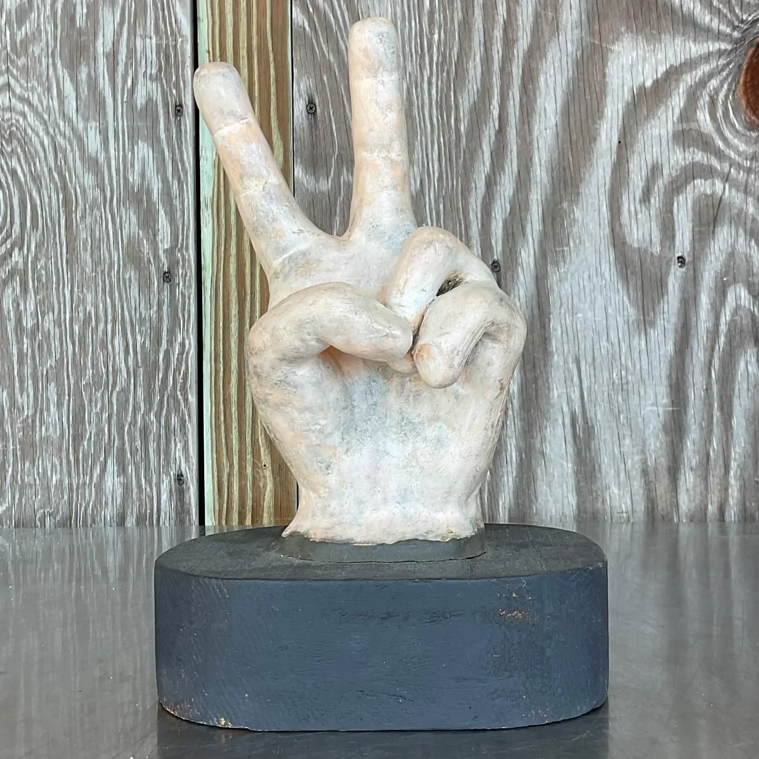 Vintage Boho Matte Ceramic Hand on Wooden Plinth - Top view
