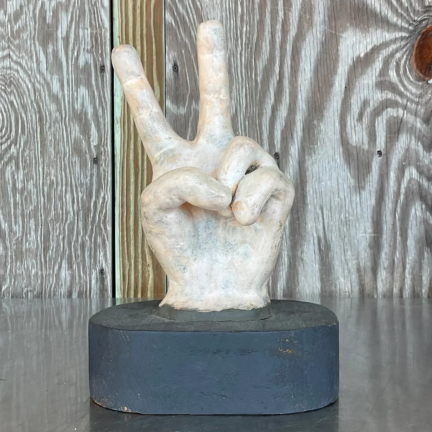 Vintage Boho Matte Ceramic Hand on Wooden Plinth - Side view