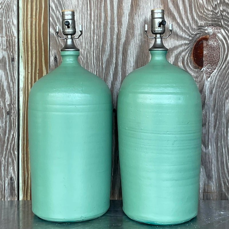 Vintage Boho Matte Glazed Ceramic Lamps - a Pair - Detail view