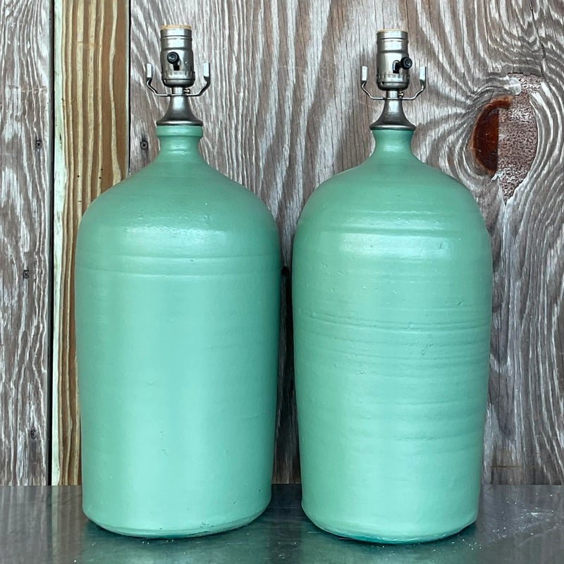 Vintage Boho Matte Glazed Ceramic Lamps - a Pair - Side view