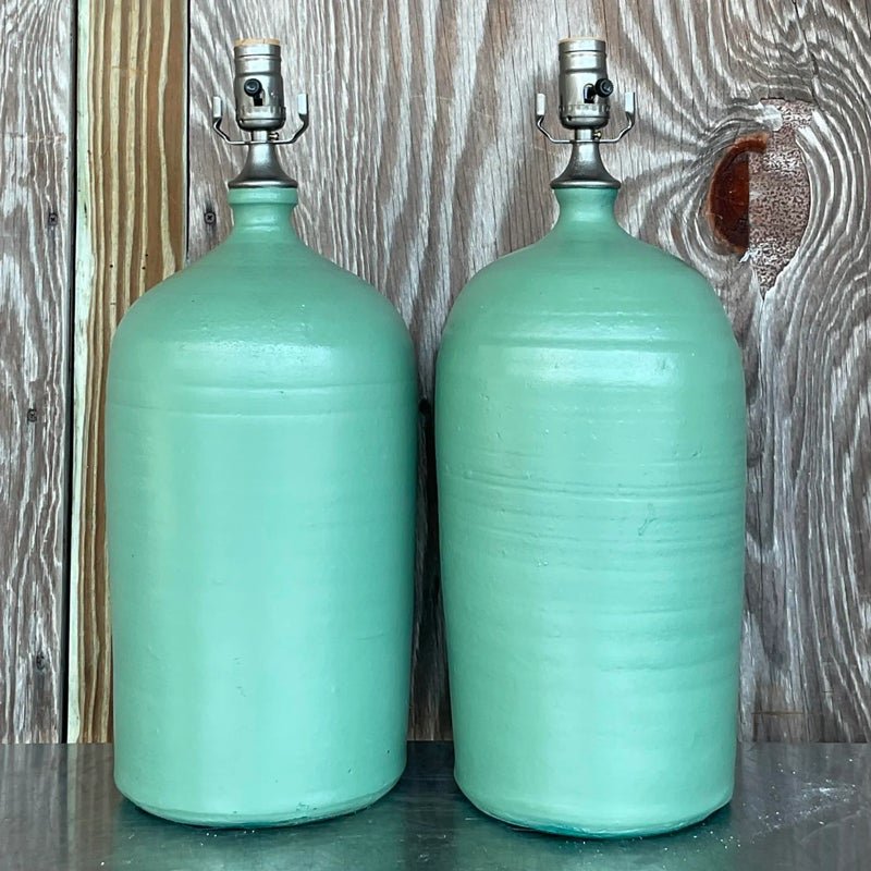 Vintage Boho Matte Glazed Ceramic Lamps - a Pair - Top view