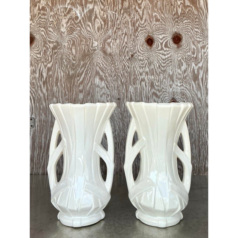 Vintage Boho McCoy Ribbon Vase - A Pair - Side view
