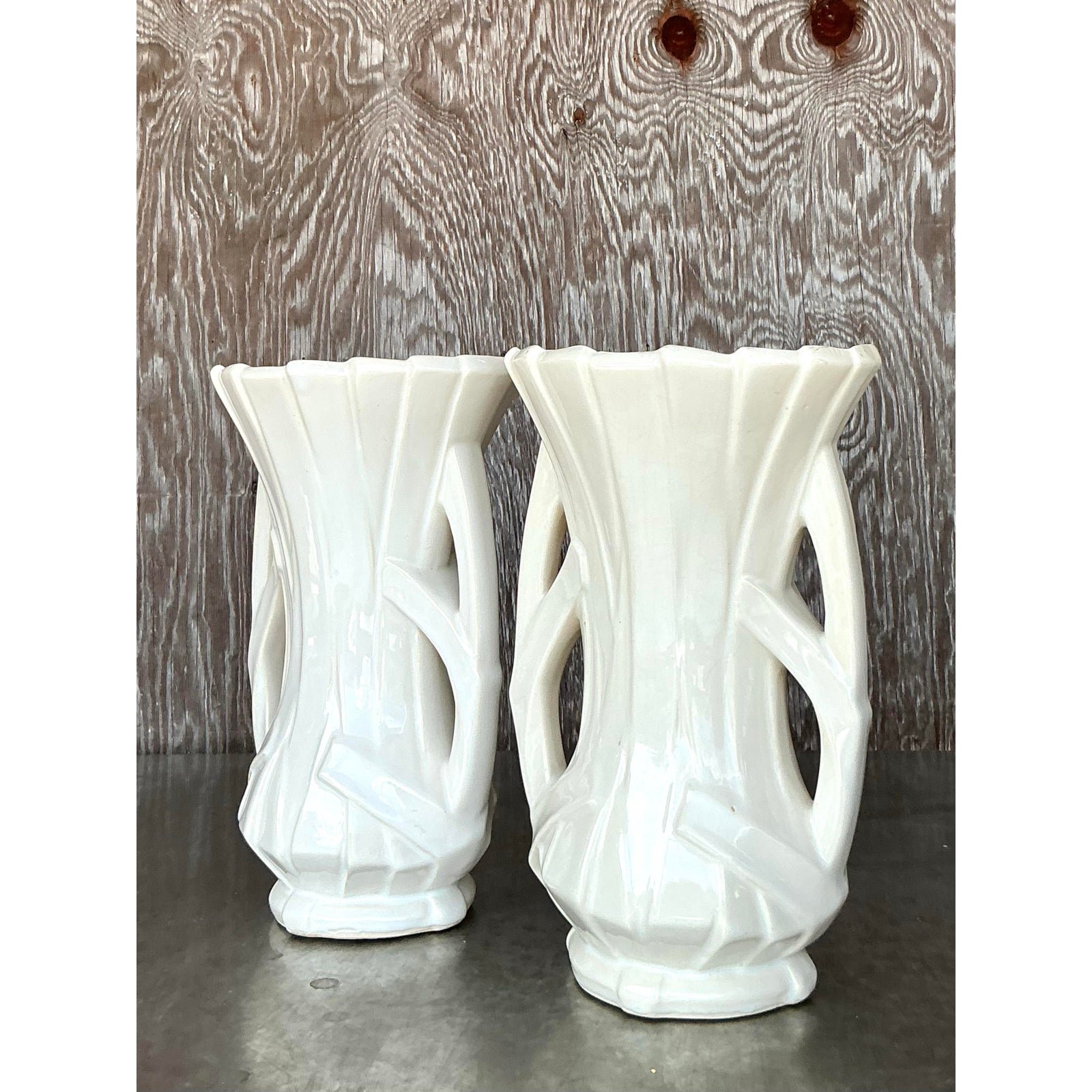 Vintage Boho McCoy Ribbon Vase - A Pair - Top view