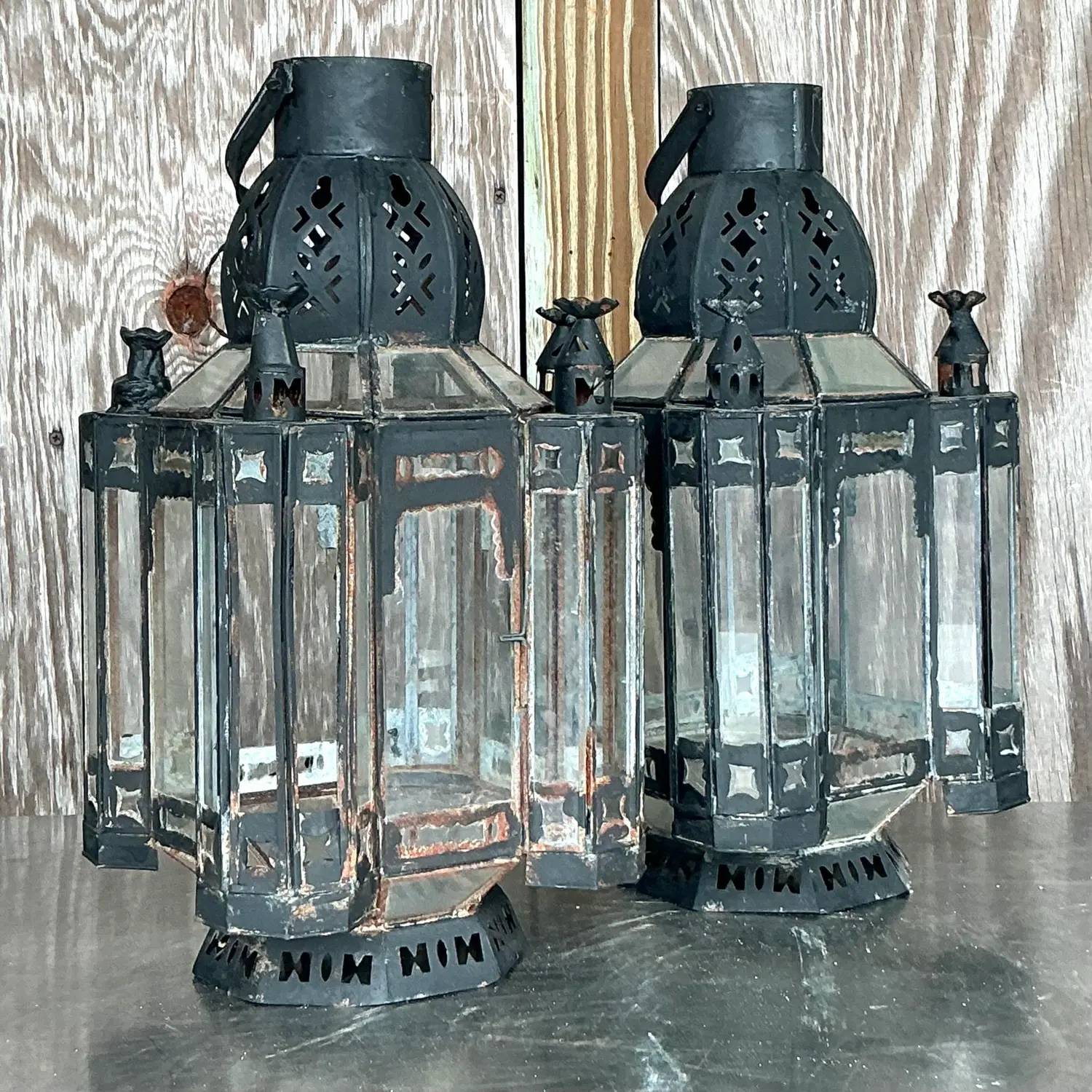 Vintage Boho Metal Moroccan Lanterns - a Pair - Detail view