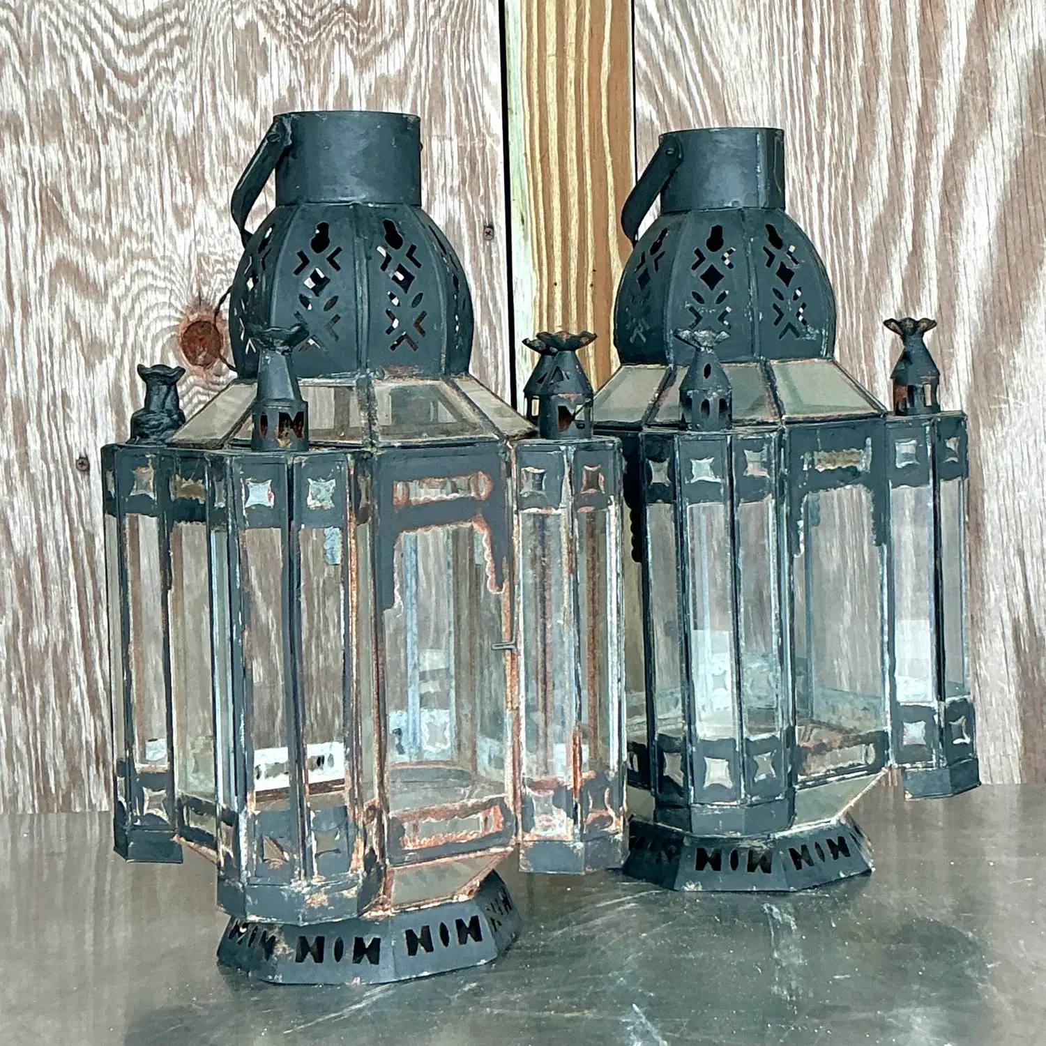 Vintage Boho Metal Moroccan Lanterns - a Pair - Side view