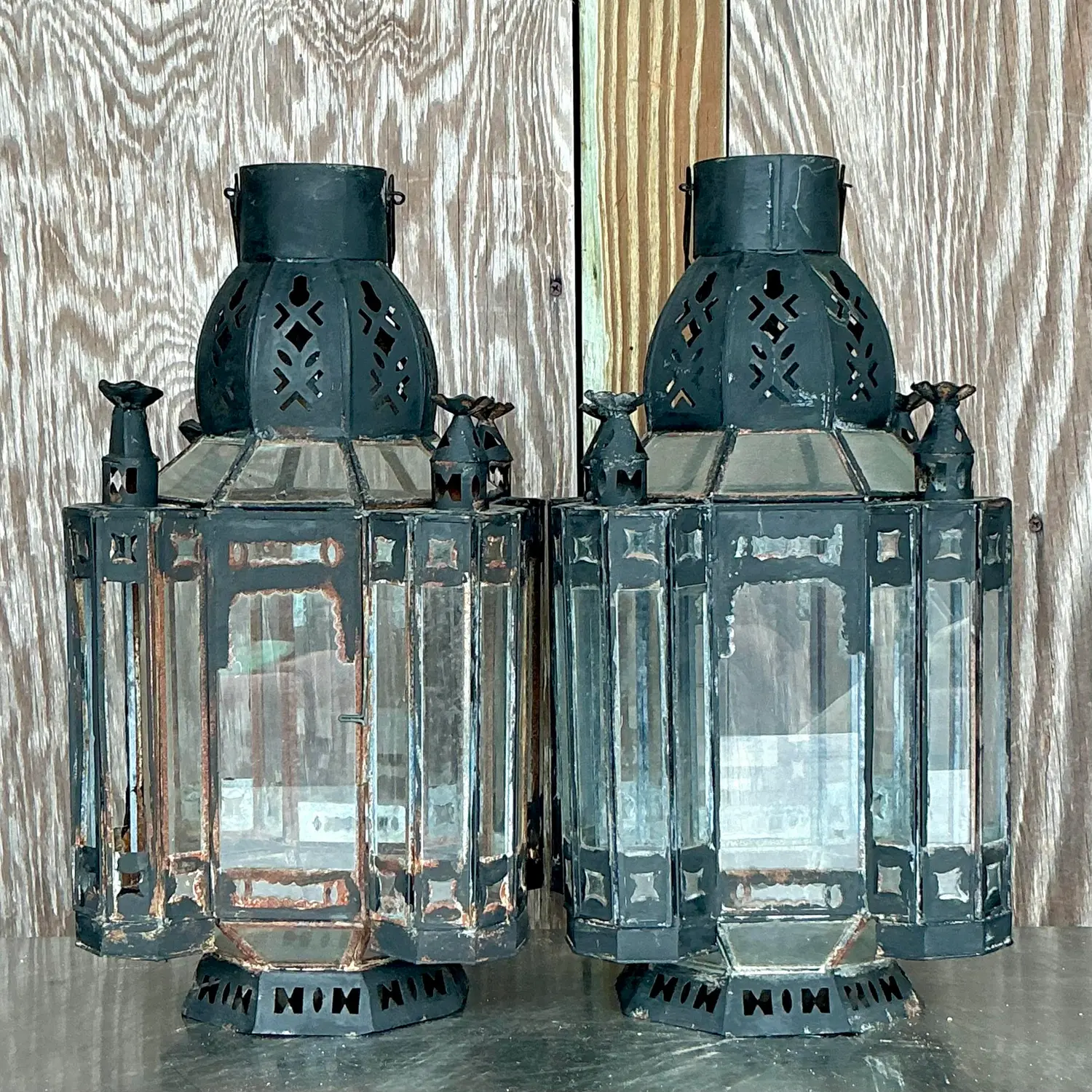 Vintage Boho Metal Moroccan Lanterns - a Pair - Top view