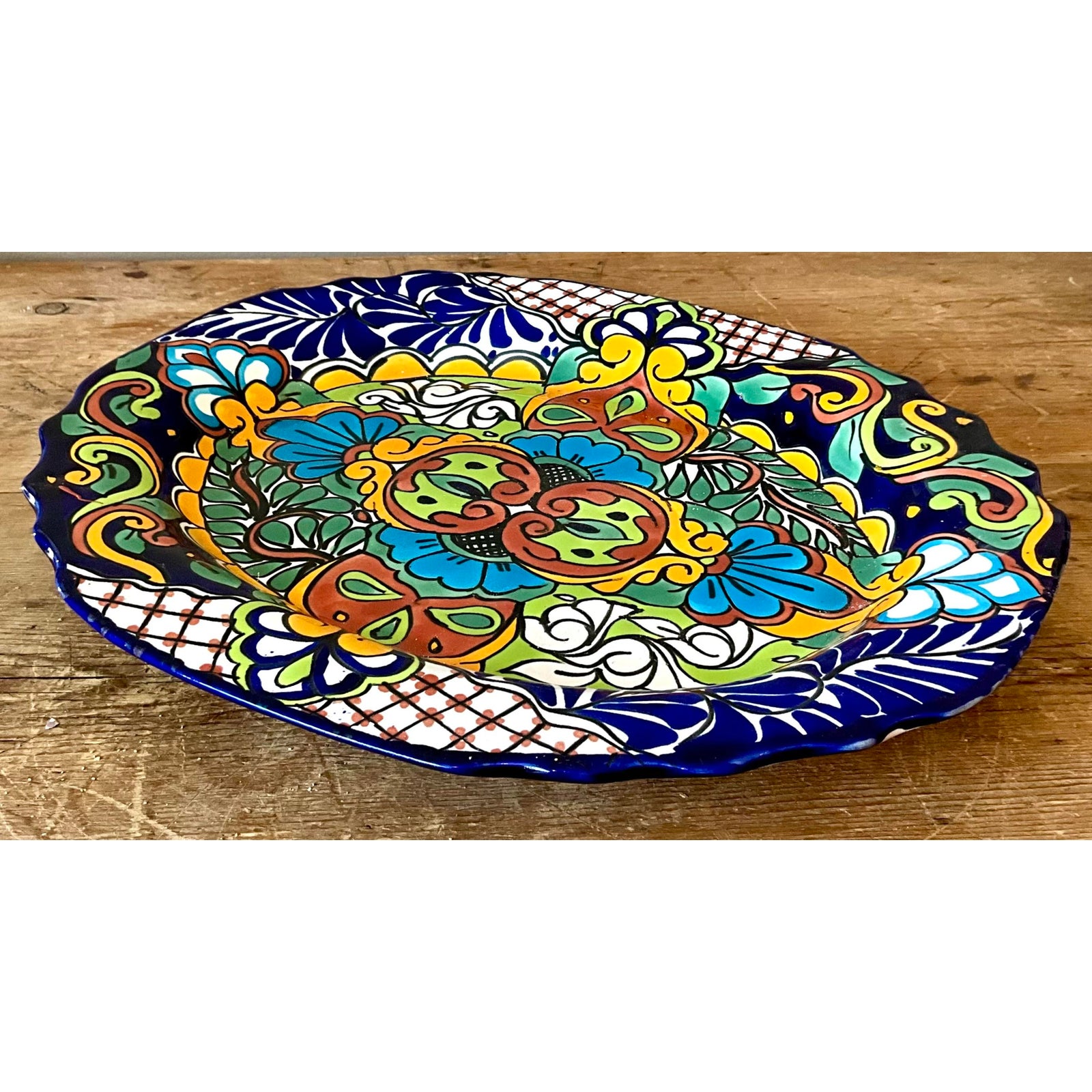 Vintage Boho Mexican Hand Painted Platter - Side view