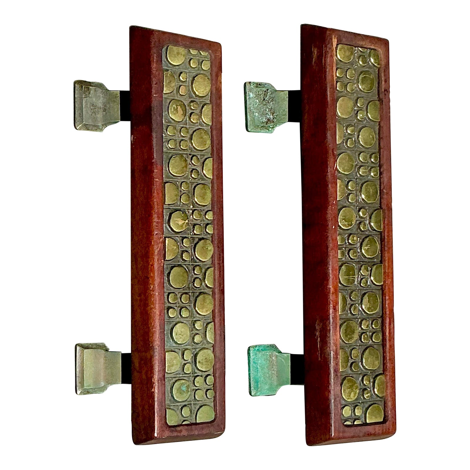 Vintage Boho Mid-Century Modern Patinated Abstract Geometric Door Pulls - a Pr - Detail view