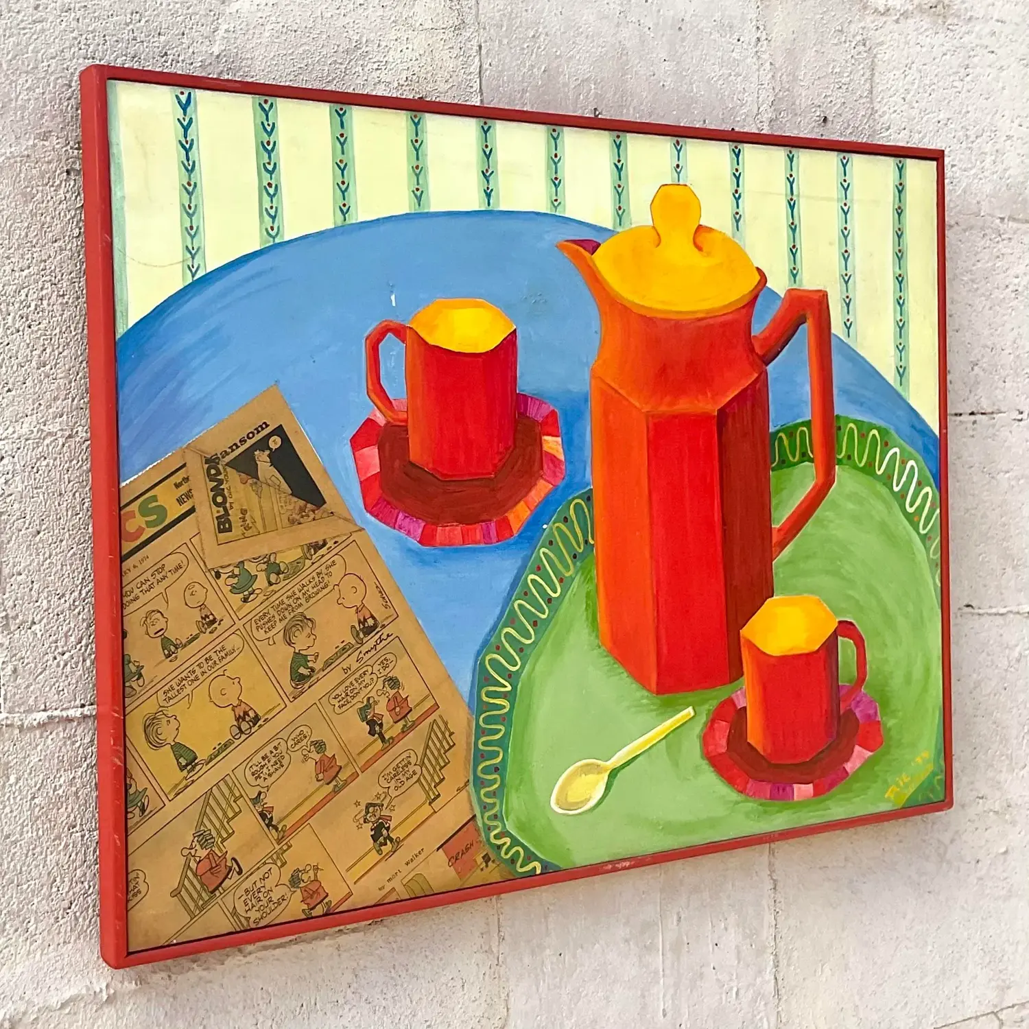 Vintage Boho Mixed Media Coffee Service Still Life on Canvas Painting - Detail view
