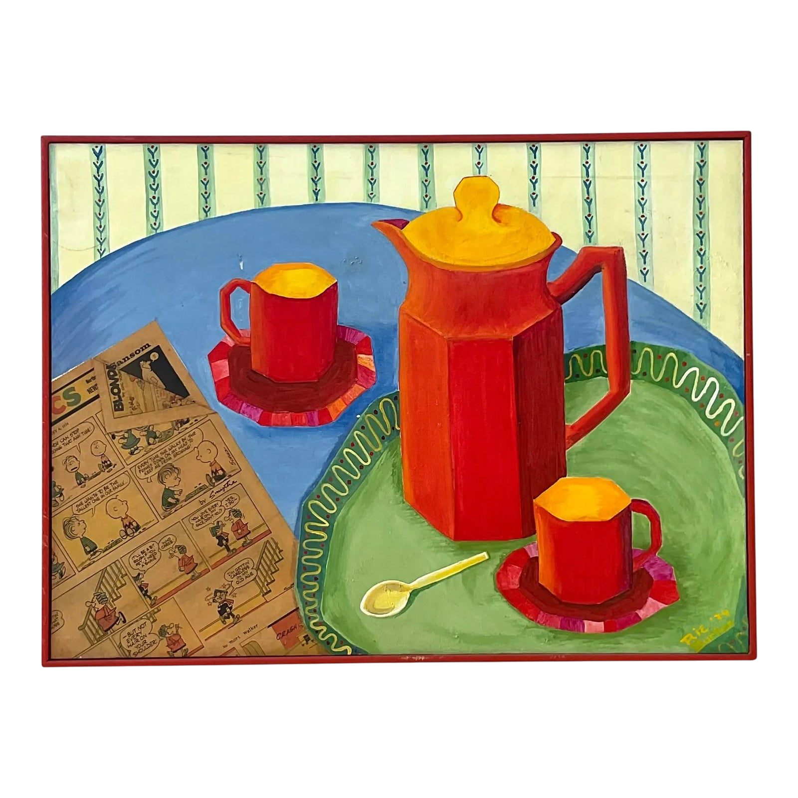 Vintage Boho Mixed Media Coffee Service Still Life on Canvas Painting