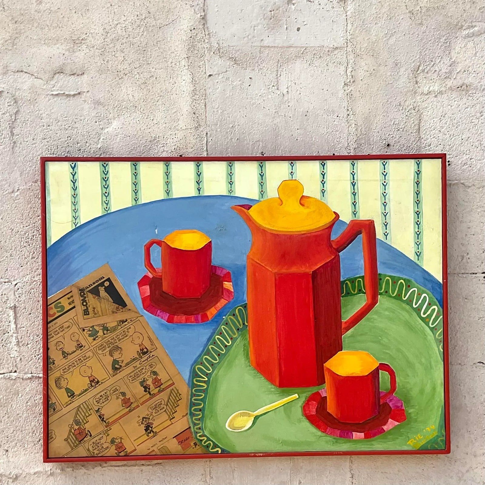 Vintage Boho Mixed Media Coffee Service Still Life on Canvas Painting - Top view