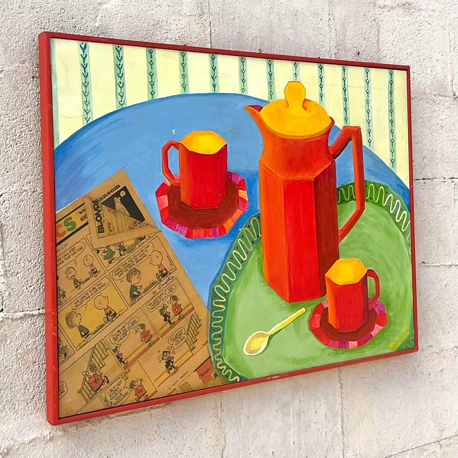 Vintage Boho Mixed Media Coffee Service Still Life on Canvas Painting - Side view