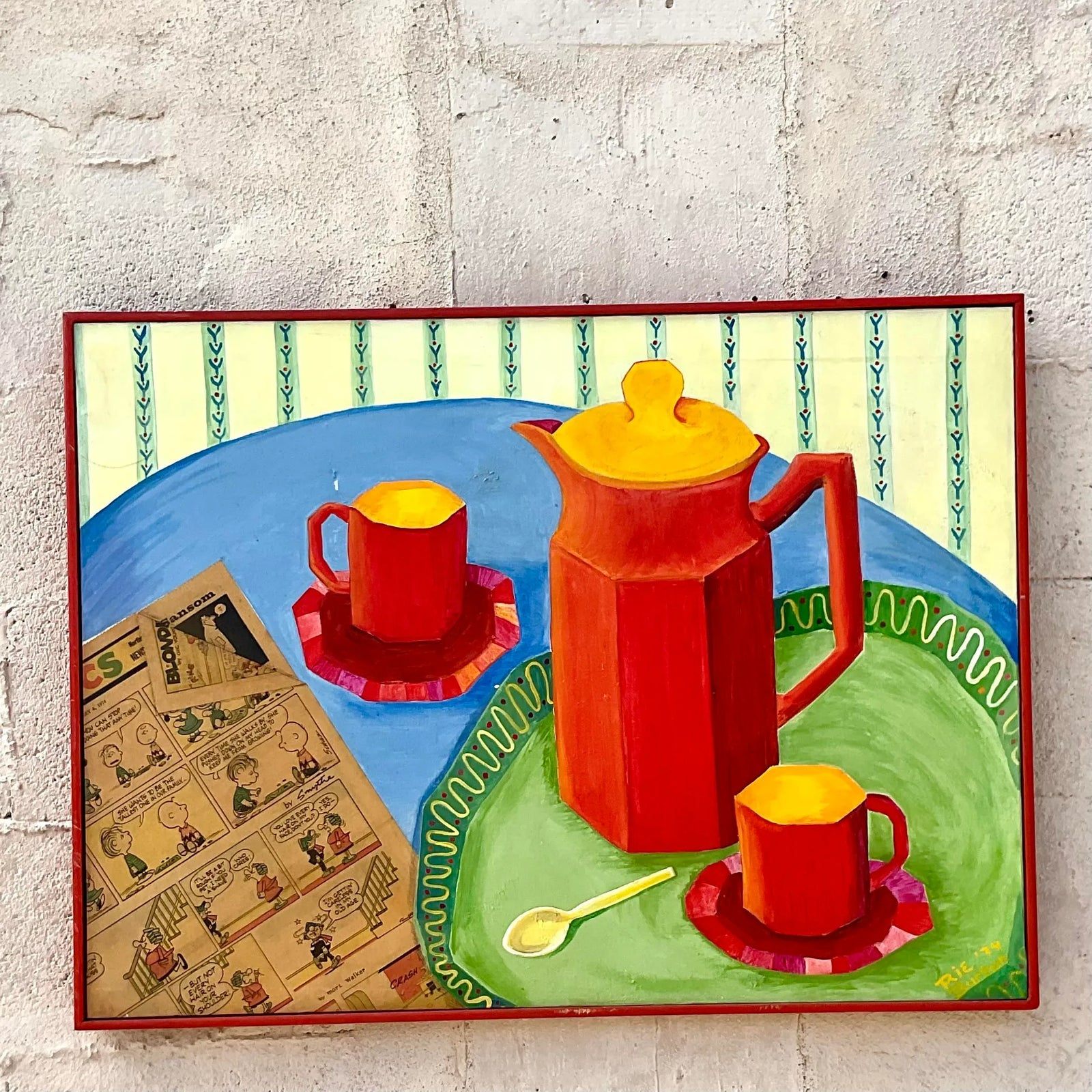 Vintage Boho Mixed Media Coffee Service Still Life on Canvas Painting - Back view