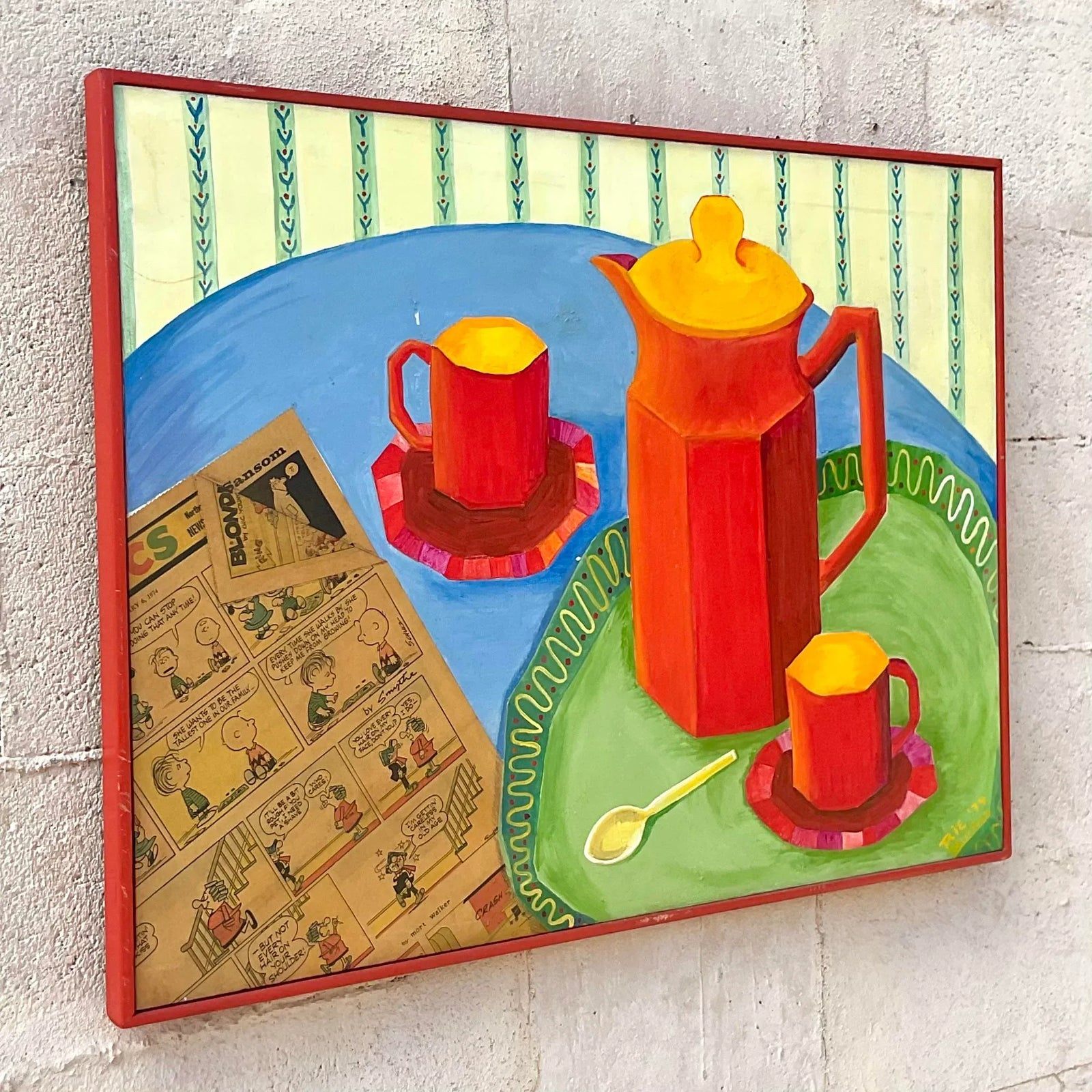 Vintage Boho Mixed Media Coffee Service Still Life on Canvas Painting - Detail view