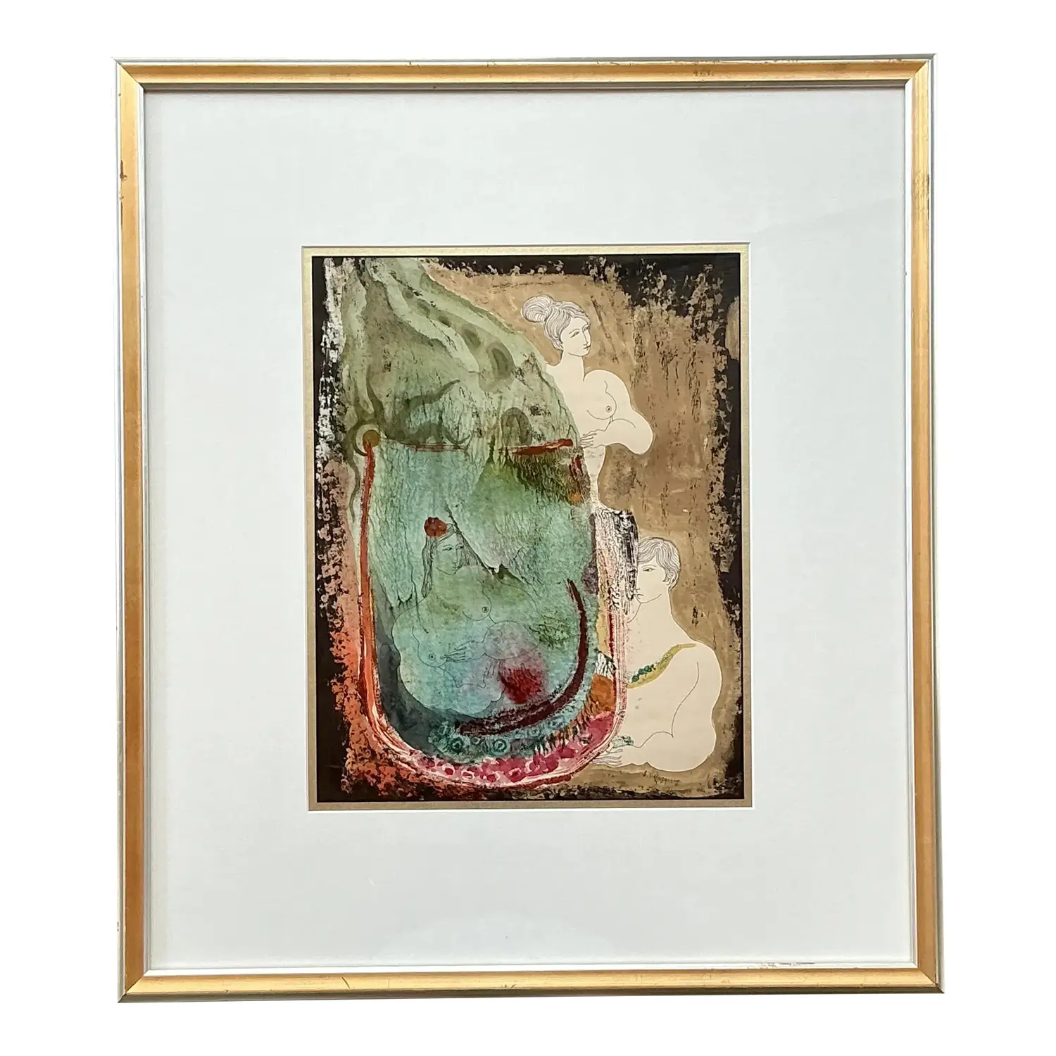 Vintage Boho Mixed Media Nude on Paper