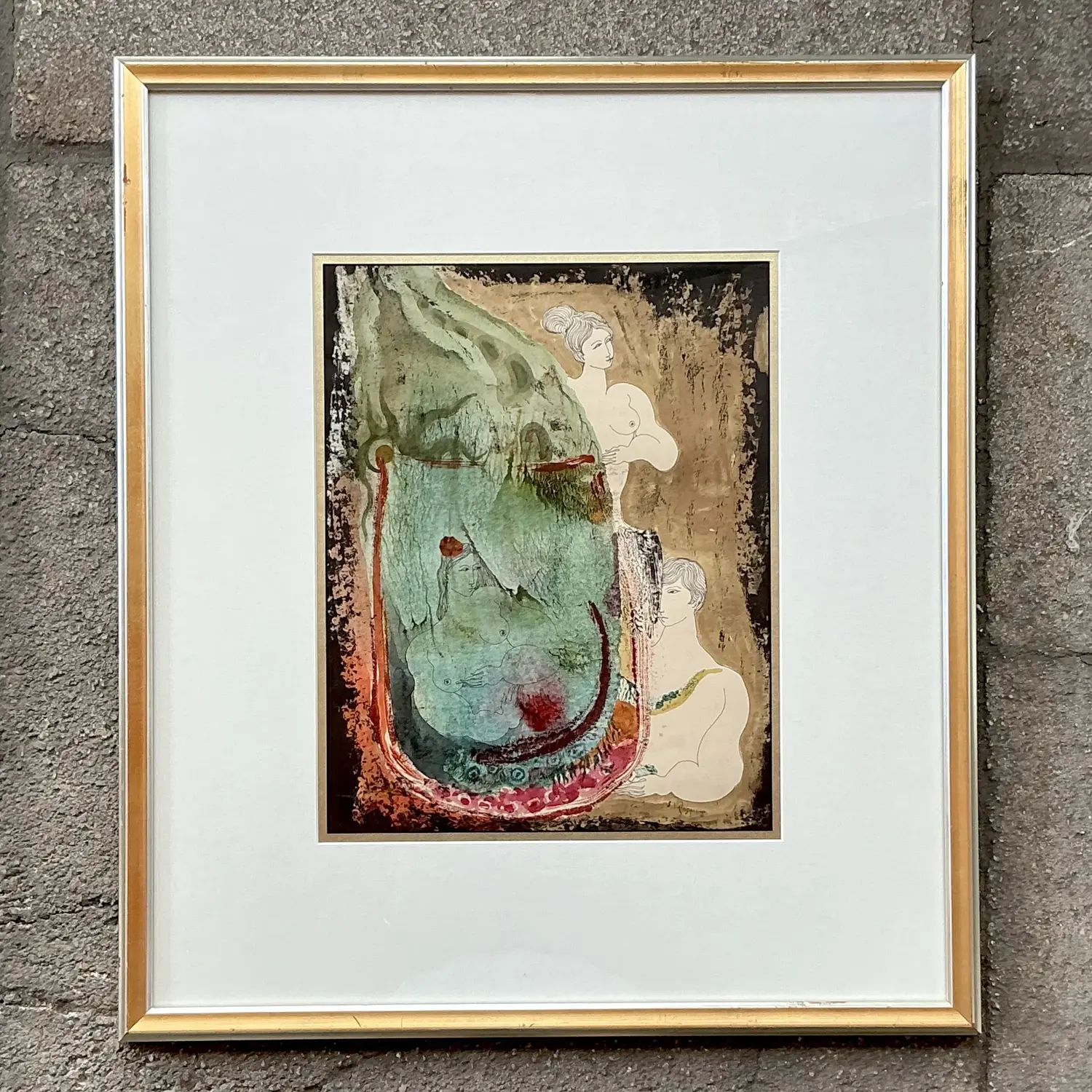 Vintage Boho Mixed Media Nude on Paper - Side view