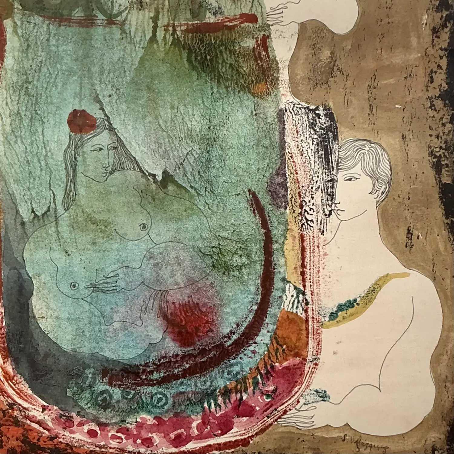 Vintage Boho Mixed Media Nude on Paper - Top view