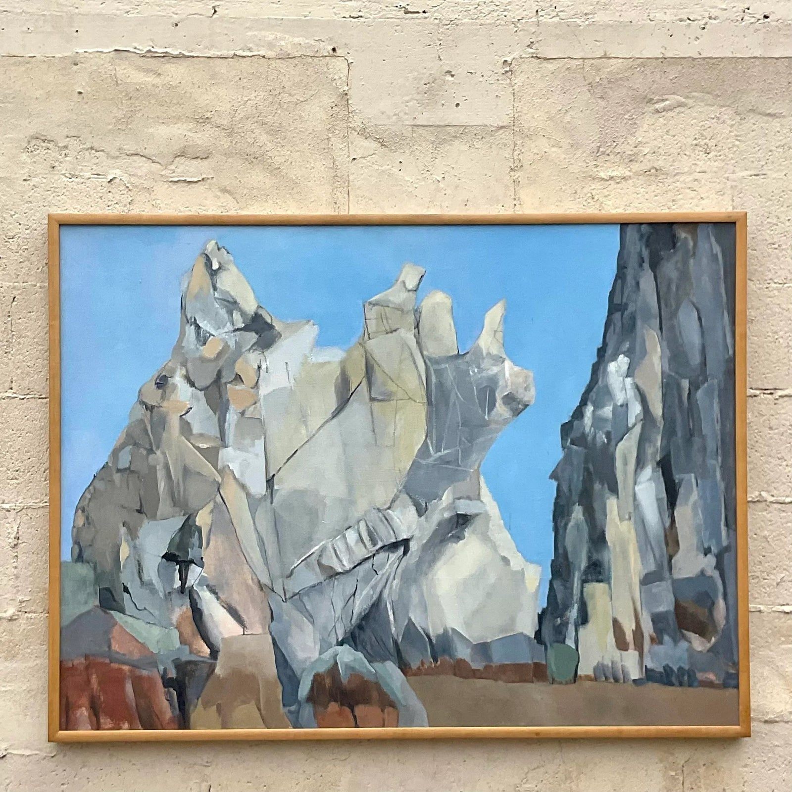 Vintage Boho Modernist Landscape Oil on Canvas Painting - Top view