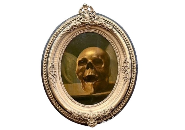 Vintage Boho Momento Mori Original Skull Oil Paintings On Board - Set Of 2 - Detail view