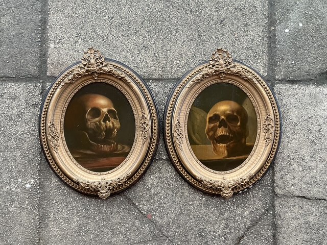 Vintage Boho Momento Mori Original Skull Oil Paintings On Board - Set Of 2 - Top view