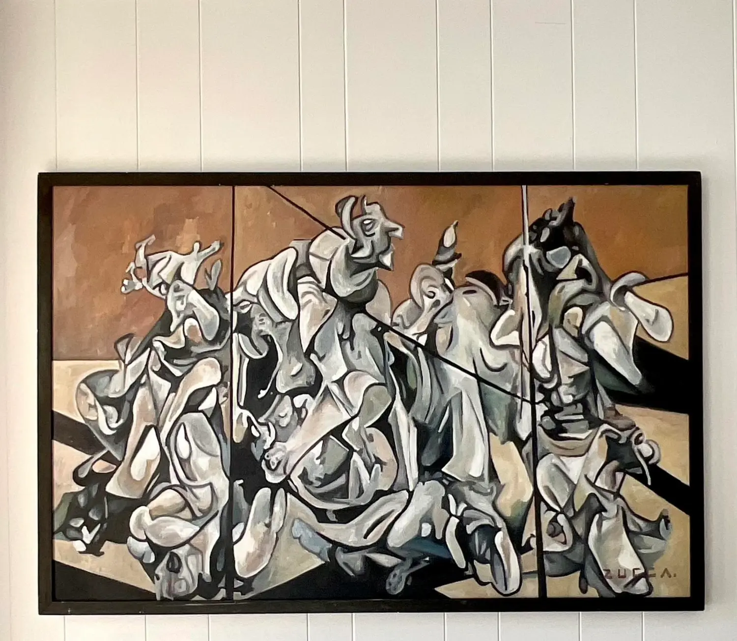 Vintage Boho Monumental Abstract Figurative Oil on Board Painting - Side view