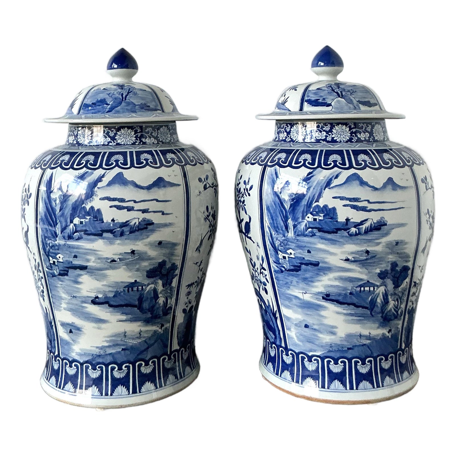Vintage Boho Monumental Blue and White Lidded Ginger Jars - A Pair