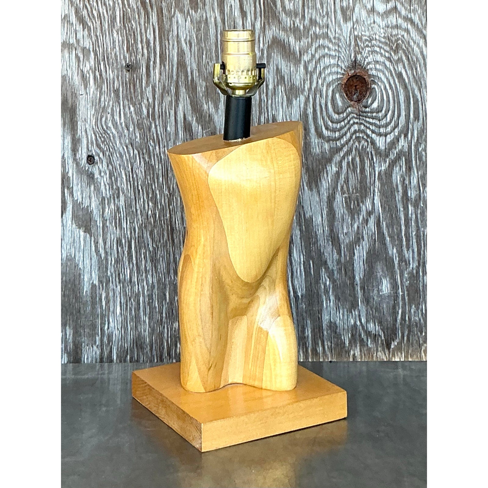 Vintage Boho Monumental Carved Male Torso Lamp - Top view