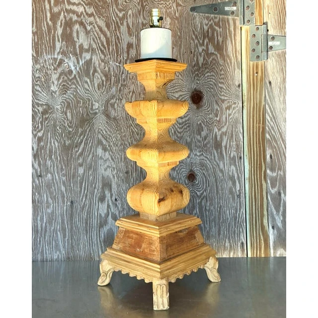 Vintage Boho Monumental Carved Pillar Lamp - Top view