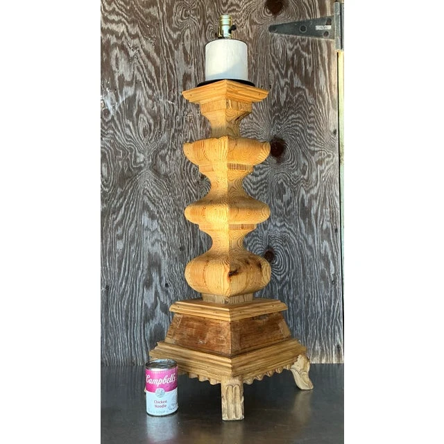 Vintage Boho Monumental Carved Pillar Lamp - Back view