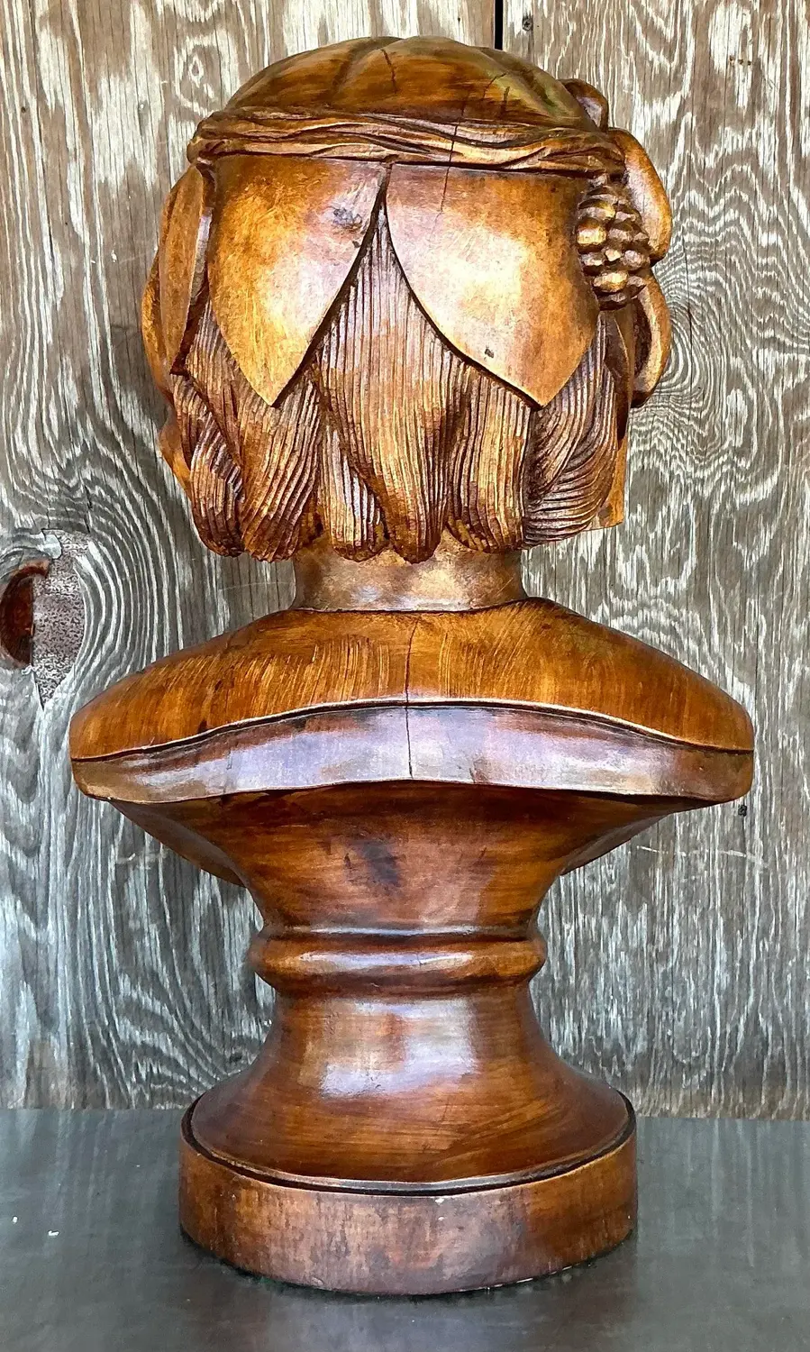 Vintage Boho Monumental Carved Wood Bust of Woman Sculpture - Top view
