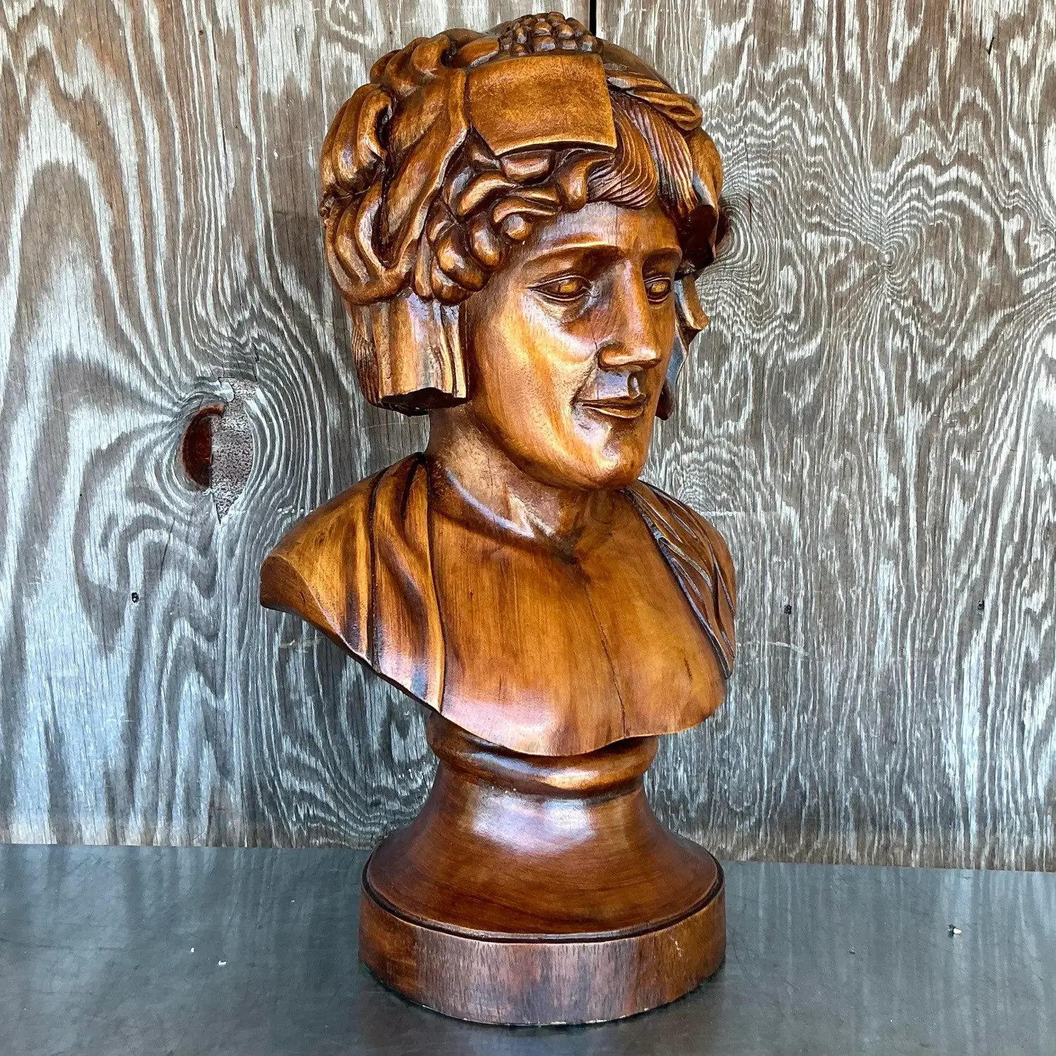 Vintage Boho Monumental Carved Wood Bust of Woman Sculpture - Back view