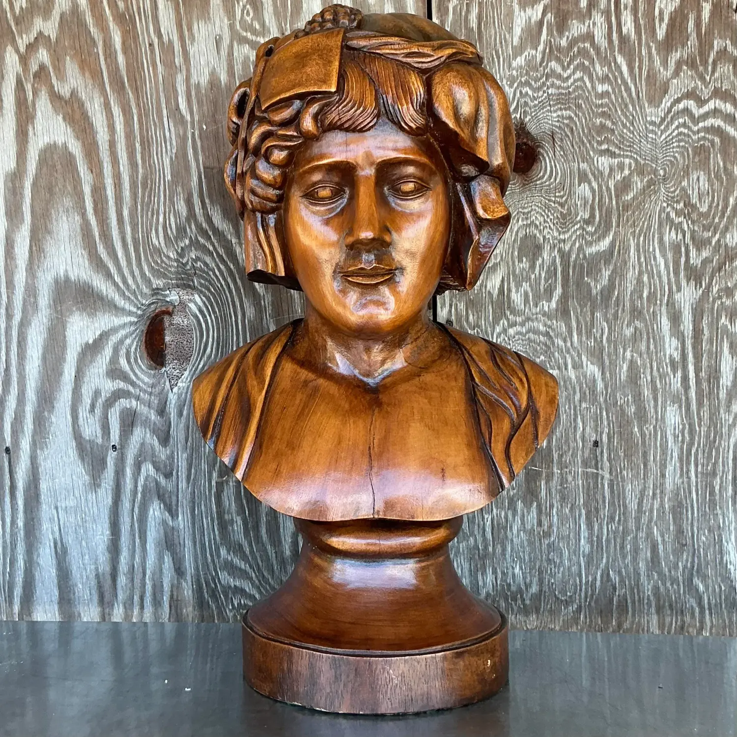Vintage Boho Monumental Carved Wood Bust of Woman Sculpture - Detail view