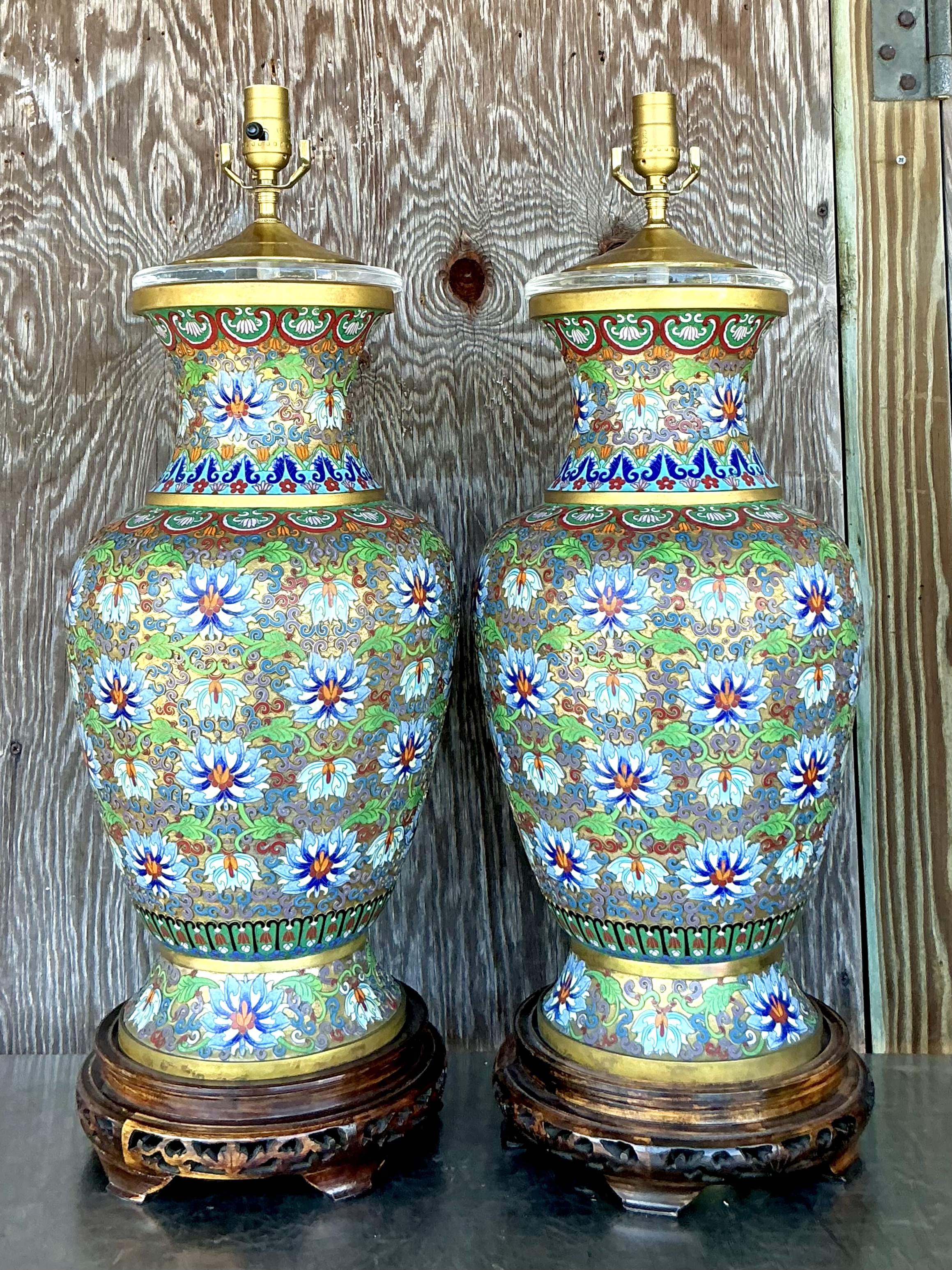 Vintage Boho Monumental Cloisonné Lamps - A Pair - Side view