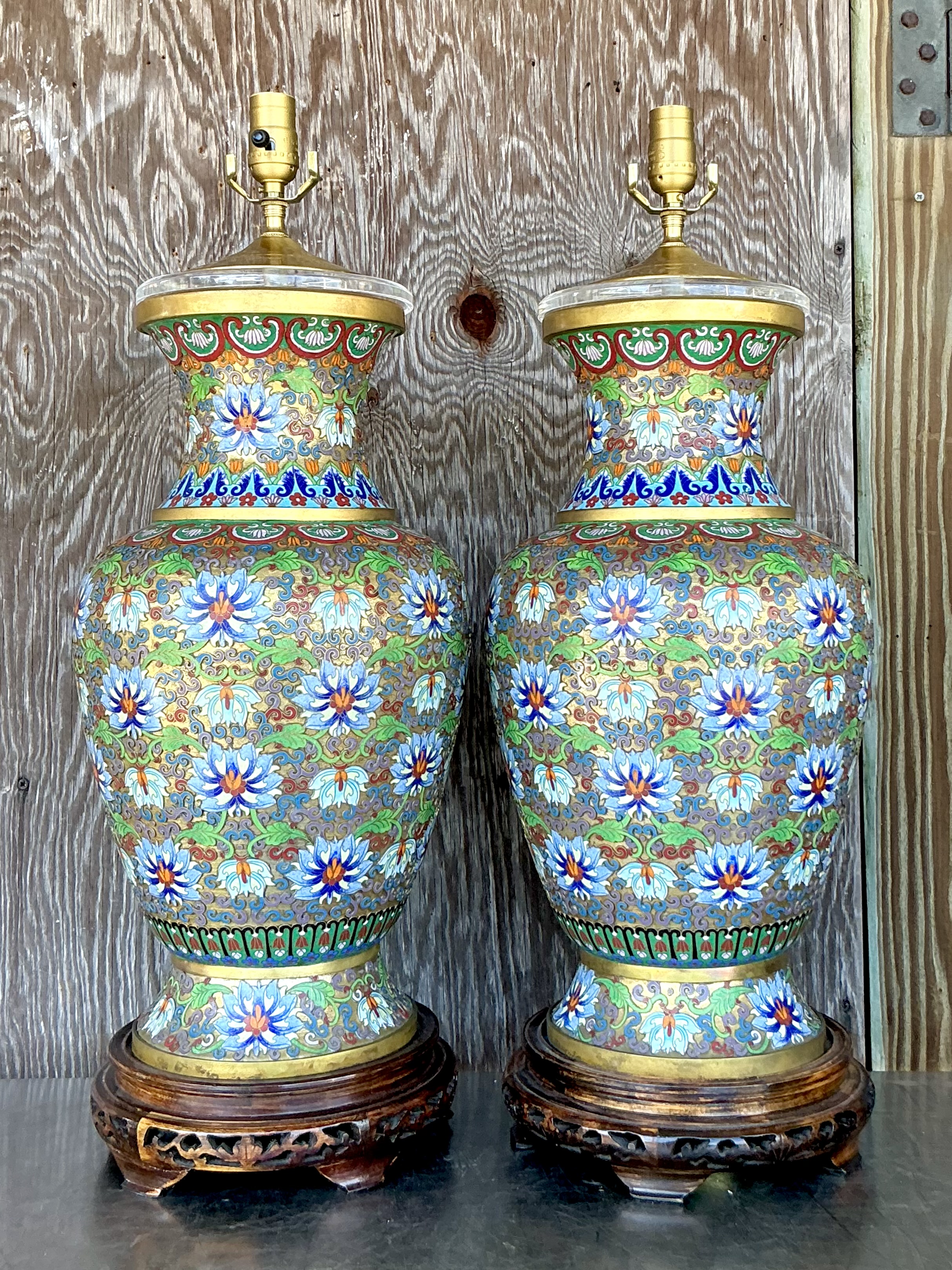 Vintage Boho Monumental Cloisonné Lamps - A Pair - Top view