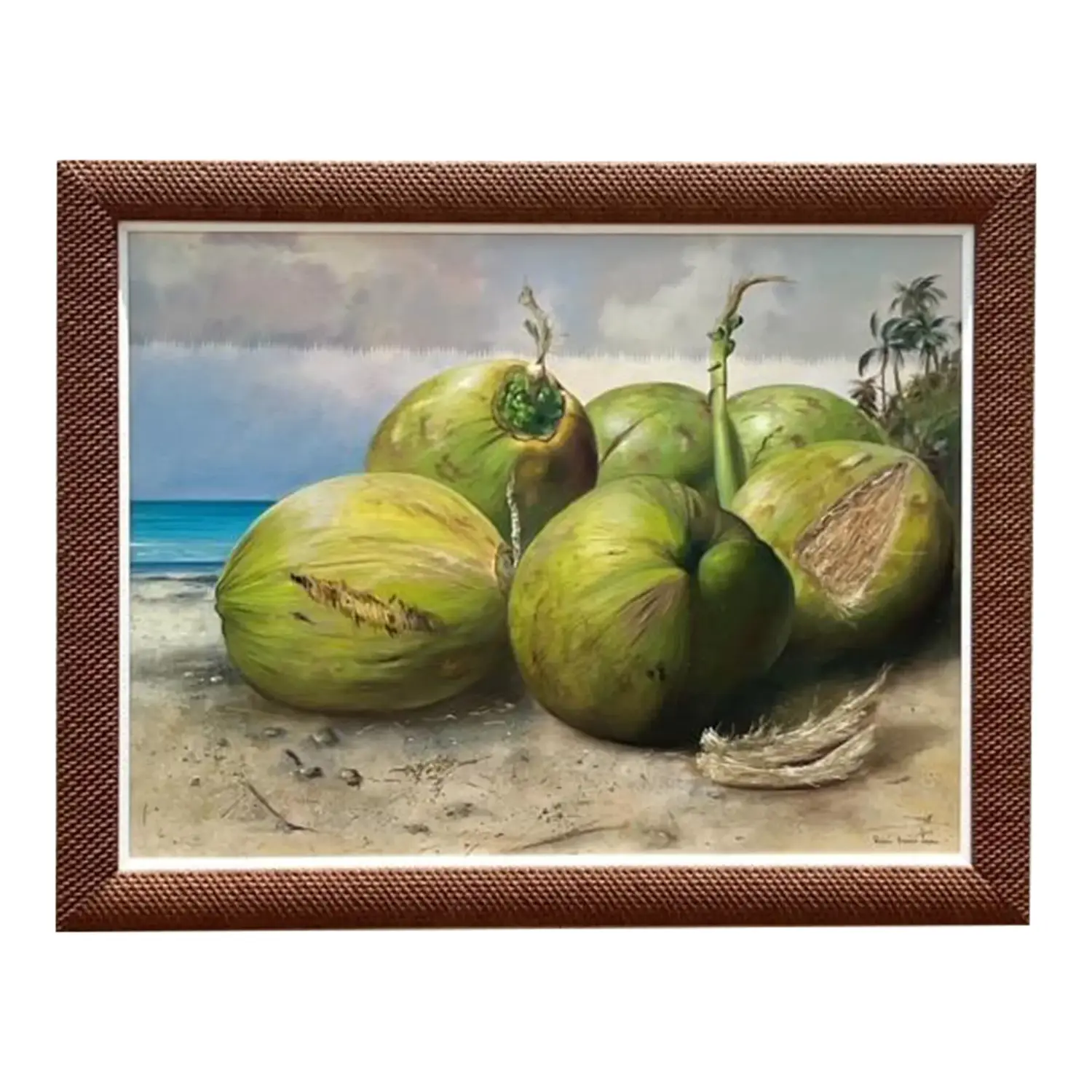 Vintage Boho Monumental Contemporary Original Oil Painting of Coconuts, Framed