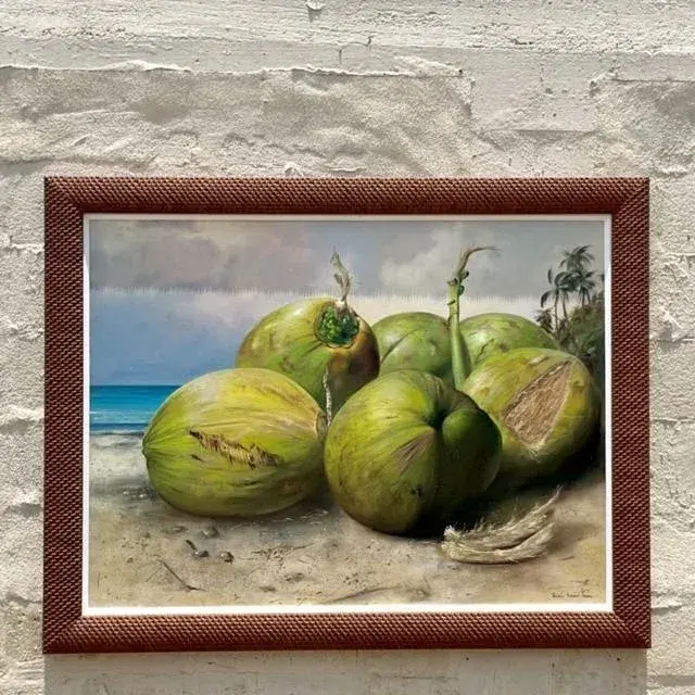 Vintage Boho Monumental Contemporary Original Oil Painting of Coconuts, Framed - Detail view