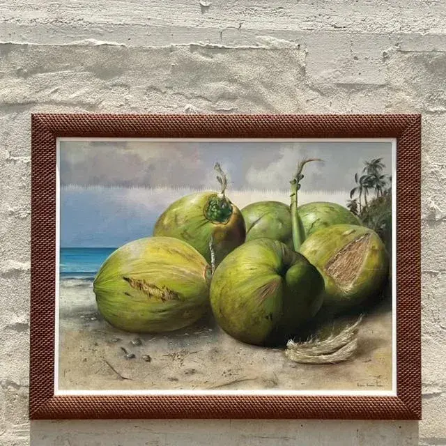 Vintage Boho Monumental Contemporary Original Oil Painting of Coconuts, Framed - Top view