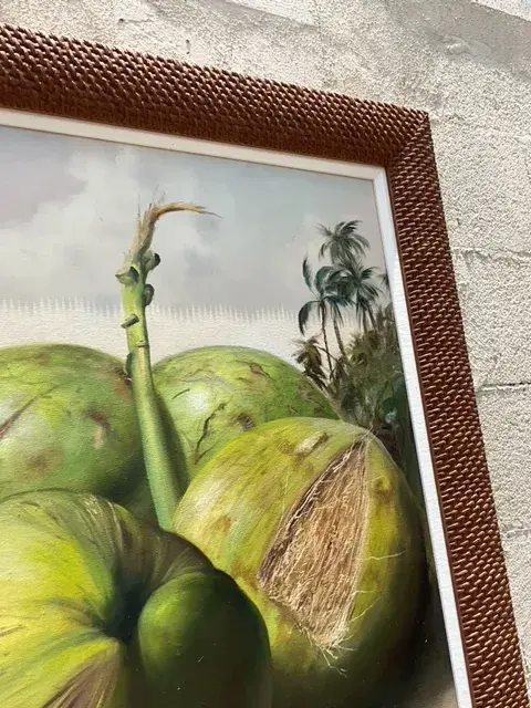 Vintage Boho Monumental Contemporary Original Oil Painting of Coconuts, Framed - Back view