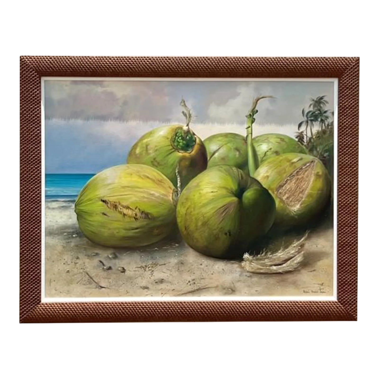 Vintage Boho Monumental Contemporary Original Oil Painting of Coconuts, Framed