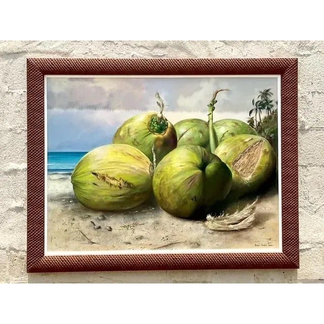 Vintage Boho Monumental Contemporary Original Oil Painting of Coconuts, Framed - Detail view